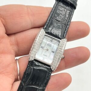 Nolan Miller Women's Rectangular Crystal Accented Quartz Watch Black Leather